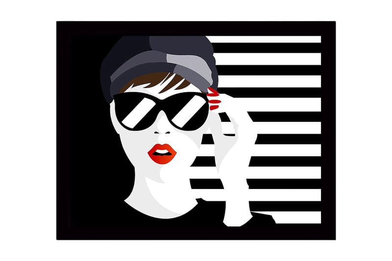 Inramad Canvastavla i trä - 41x56 cm - Stiliserad kvinna med solglasögon och röd läppstift, Svart / Vit / Röd