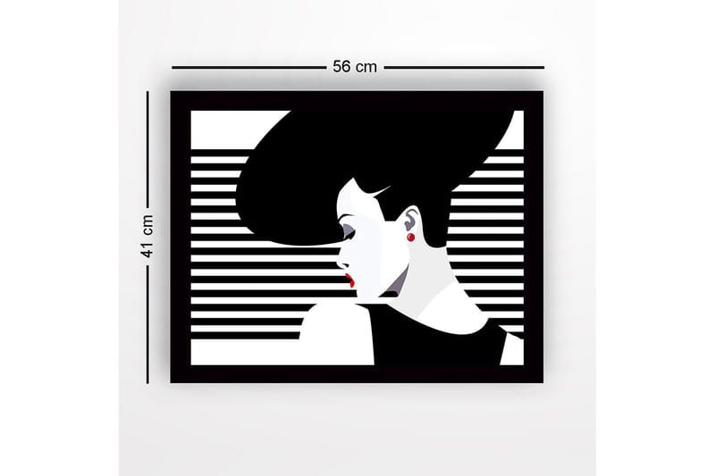 Inramad Canvastavla i trä - 41x56 cm - Stiliserad kvinna med stort hår och röda läppar - Svart / Vitt / Röd - Inredning - Tavlor & konst