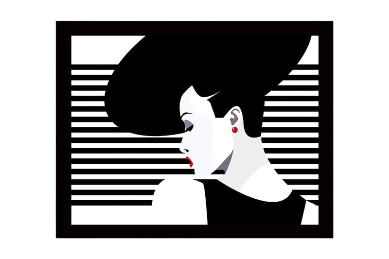 Inramad Canvastavla i trä - 41x56 cm - Stiliserad kvinna med stort hår och röda läppar, Svart / Vitt / Röd