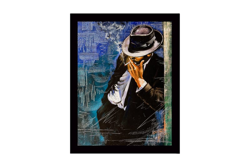 Inramad Canvastavla i trä - 41x56 cm - Stiliserad man i kostym med hatt som röker en cigarett - Svart / Blå / Vit - Inredning - Tavlor & konst