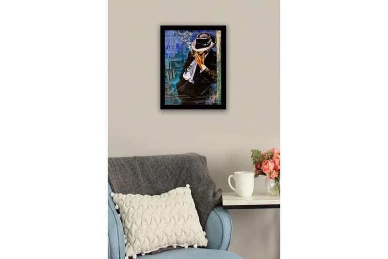 Inramad Canvastavla i trä - 41x56 cm - Stiliserad man i kostym med hatt som röker en cigarett - Svart / Blå / Vit - Inredning - Tavlor & konst