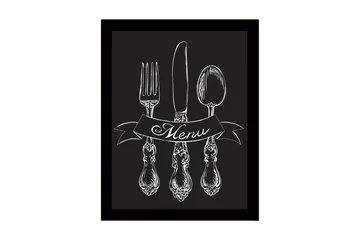 Inramad Canvastavla i trä - 41x56 cm - Stiliserad uppsättning av bestick med en banner som visar ordet Menu - Vit / Svart - Inredning - Tavlor & konst
