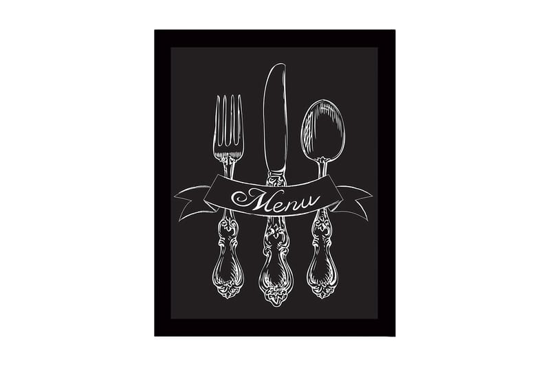 Inramad Canvastavla i trä - 41x56 cm - Stiliserad uppsättning av bestick med en banner som visar ordet Menu, Vit / Svart