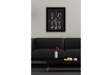Inramad Canvastavla i trä - 41x56 cm - Stiliserad uppsättning av bestick med en banner som visar ordet Menu - Vit / Svart - Inredning - Tavlor & konst