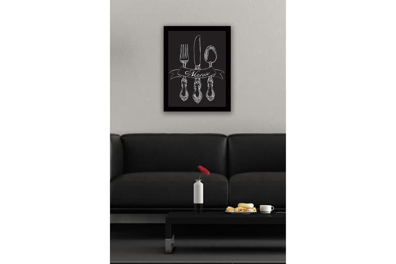 Inramad Canvastavla i trä - 41x56 cm - Stiliserad uppsättning av bestick med en banner som visar ordet Menu - Vit / Svart - Inredning - Tavlor & konst