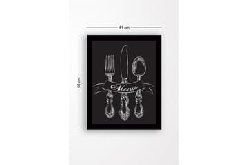 Inramad Canvastavla i trä - 41x56 cm - Stiliserad uppsättning av bestick med en banner som visar ordet Menu - Vit / Svart - Inredning - Tavlor & konst