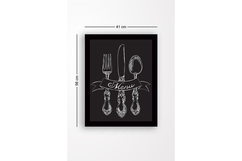 Inramad Canvastavla i trä - 41x56 cm - Stiliserad uppsättning av bestick med en banner som visar ordet Menu - Vit / Svart - Inredning - Tavlor & konst