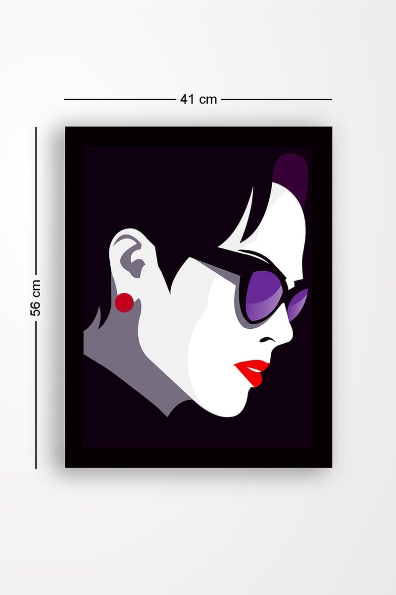Inramad Canvastavla i trä - 41x56 cm - Stiliserad profil av en kvinna med solglasögon - Mörklila / Röd / Vit - Inredning - Tavlor & konst