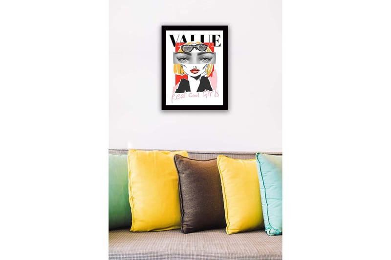 Inramad Canvastavla i trä - 41x56 cm - Stiliserad porträtt av en kvinna med solglasögon och färgglad bakgrund - Röd / Svart / Gul - Inredning - Tavlor & konst