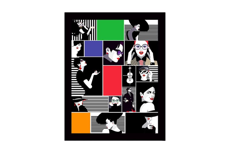 Inramad Canvastavla i trä - 41x56 cm - Stiliserade porträtt av kvinnor i olika uttryck och kläder, Röd / Svart / Vit