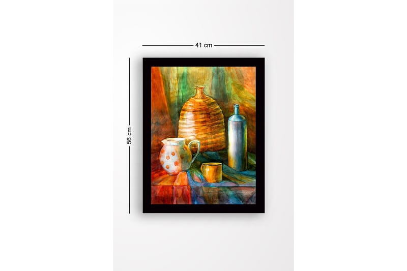 Inramad Canvastavla i trä - 41x56 cm - Stilleben med keramik och glasflaskor - Orange / Grön / Blå - Inredning - Tavlor & konst