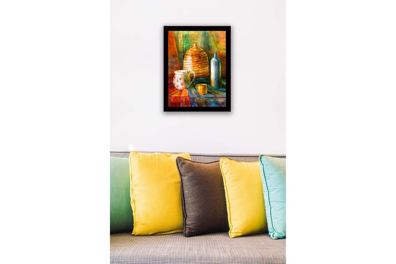 Inramad Canvastavla i trä - 41x56 cm - Stilleben med keramik och glasflaskor - Orange / Grön / Blå - Inredning - Tavlor & konst