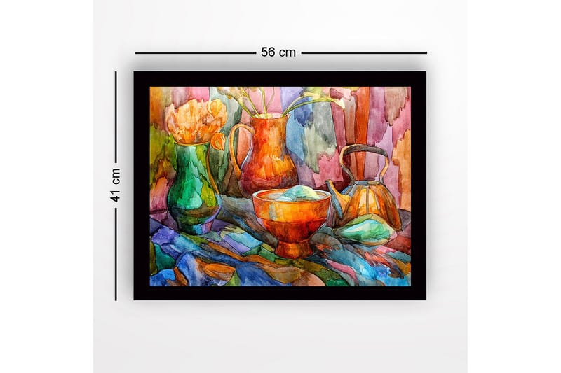 Inramad Canvastavla i trä - 41x56 cm - Stillhet med färgglada kärl och blommor - Grön / Orange / Blå - Inredning - Tavlor & konst