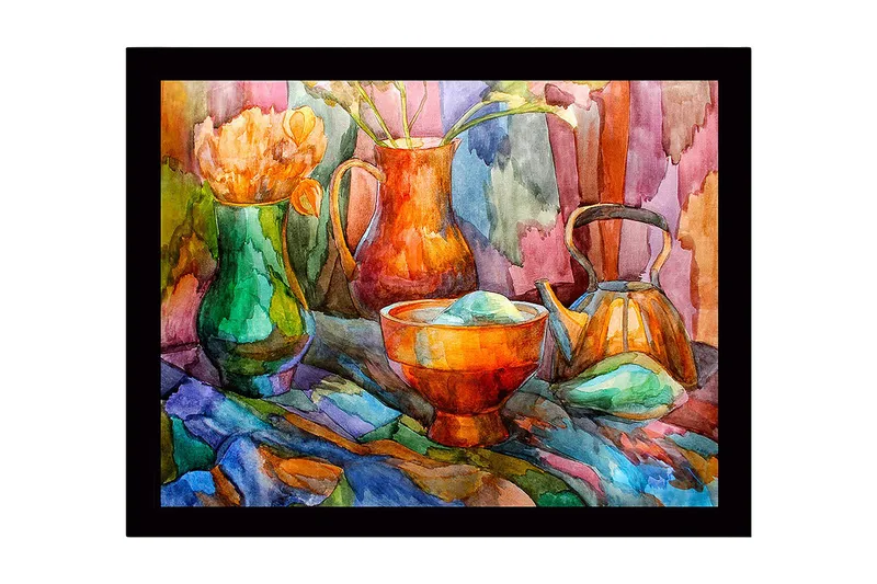 Inramad Canvastavla i trä - 41x56 cm - Stillhet med färgglada kärl och blommor, Grön / Orange / Blå