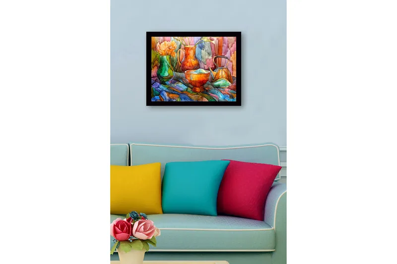 Inramad Canvastavla i trä - 41x56 cm - Stillhet med färgglada kärl och blommor - Grön / Orange / Blå - Inredning - Tavlor & konst