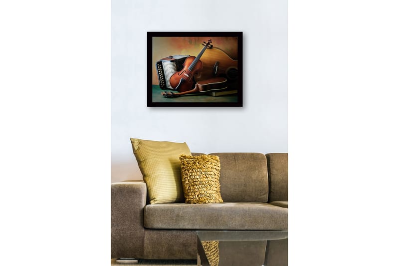 Inramad Canvastavla i trä - 41x56 cm - Stillhet med musikinstrument i fokus - Brun / Beige / Grön - Inredning - Tavlor & konst