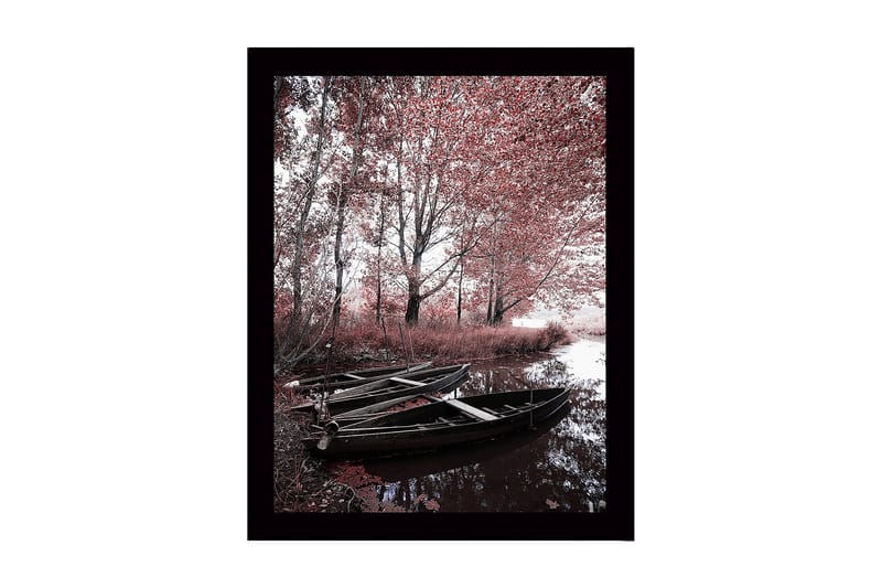 Inramad Canvastavla i trä - 41x56 cm - Stillhet vid en spegelblanka sjö med båtar och höstfärger, Röd / Svart / Grå