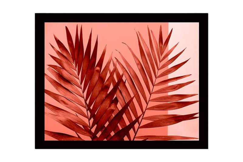 Inramad Canvastavla i trä - 41x56 cm - Stora, stiliserade palmblad i röd nyans, Röd / Ljusrosa