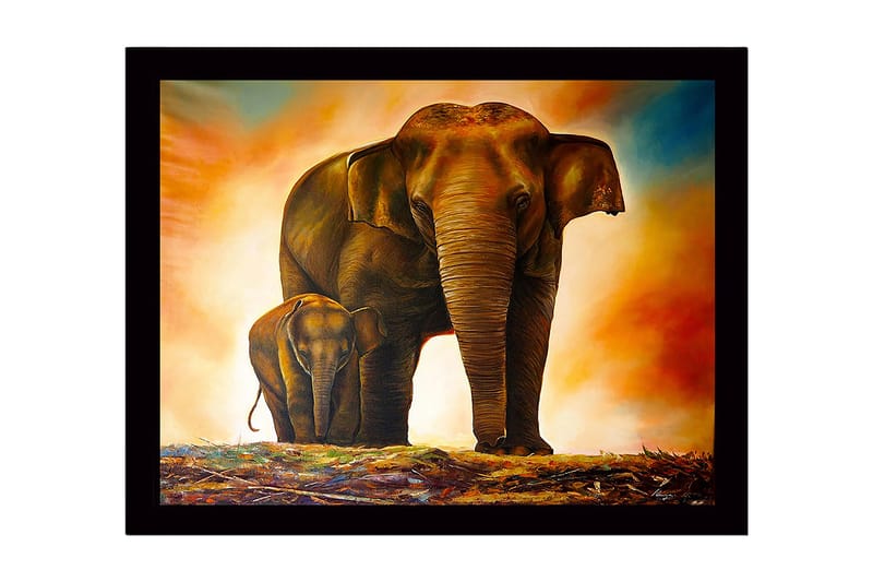 Inramad Canvastavla i trä - 41x56 cm - Storslagen elefant med ett kalv som står nära sin mor, Brun / Orange / Beige