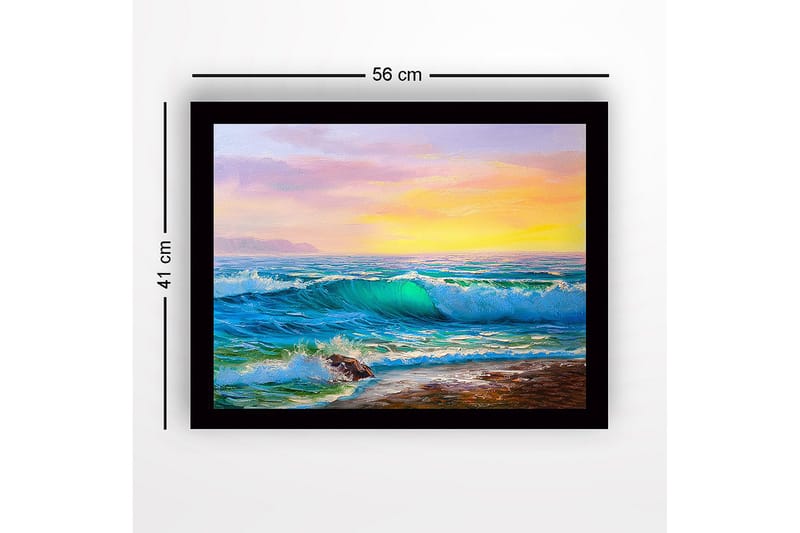 Inramad Canvastavla i trä - 41x56 cm - Storslagen havsutsikt med vågor som bryter mot stranden - Turkos / Blå / Orange - Inredning - Tavlor & konst
