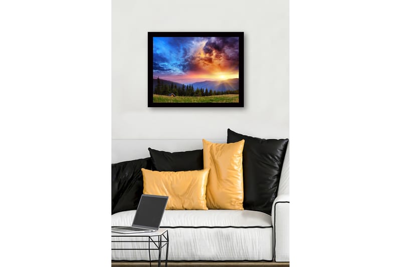 Inramad Canvastavla i trä - 41x56 cm - Storslagen solnedgång över berg och skog - Blå / Orange / Grön - Inredning - Tavlor & konst