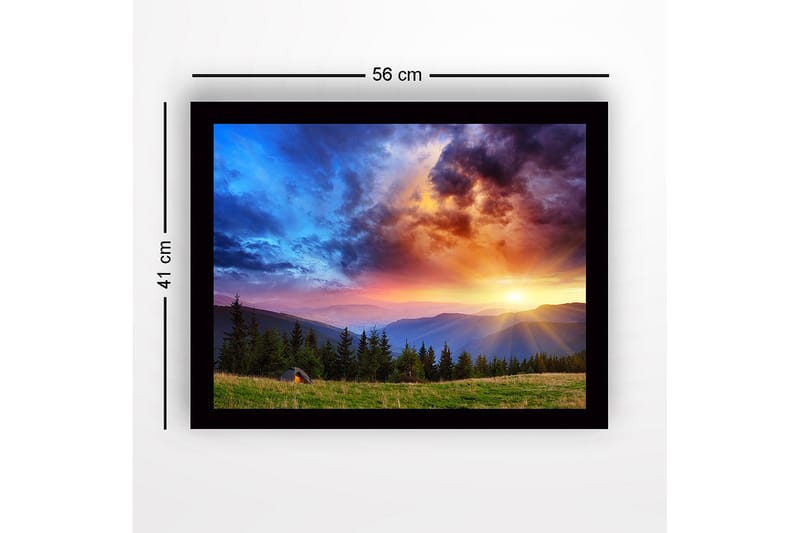Inramad Canvastavla i trä - 41x56 cm - Storslagen solnedgång över berg och skog - Blå / Orange / Grön - Inredning - Tavlor & konst