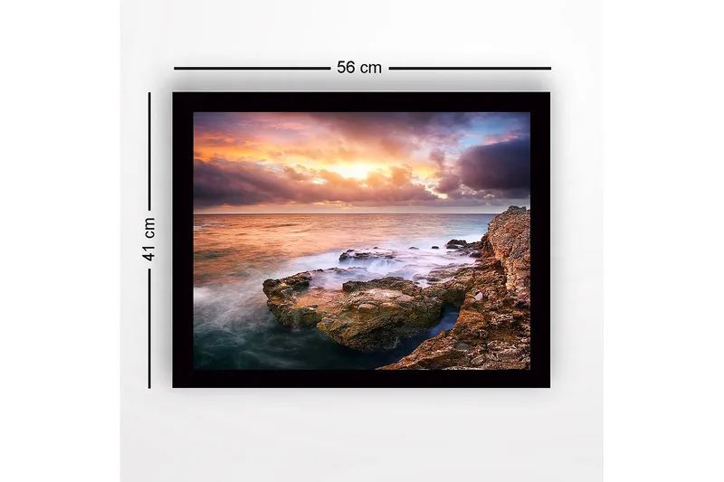 Inramad Canvastavla i trä - 41x56 cm - Storslagen solnedgång över havet med klippformationer i förgrunden - Orange / Blå / Grå - Inredning - Tavlor & konst