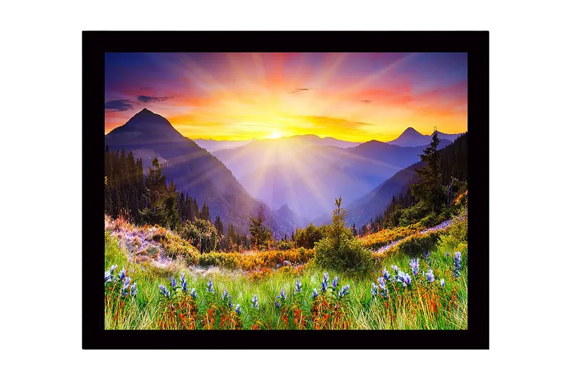 Inramad Canvastavla i trä - 41x56 cm - Storslagen soluppgång över berg och dalar, Guld / Lila / Grön