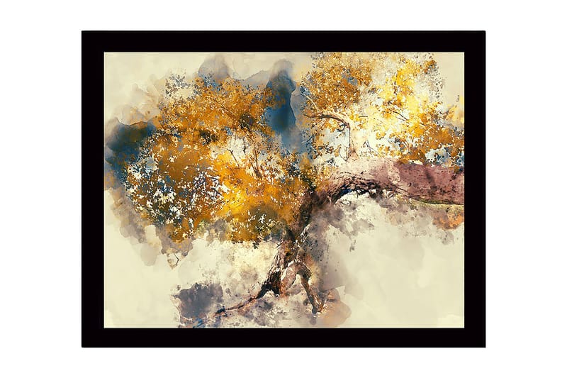 Inramad Canvastavla i trä - 41x56 cm - Stort träd med gyllene lövverk - Guld / Blå / Brun - Inredning - Tavlor & konst