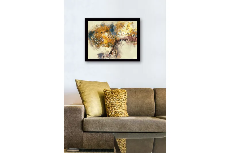 Inramad Canvastavla i trä - 41x56 cm - Stort träd med gyllene lövverk - Guld / Blå / Brun - Inredning - Tavlor & konst