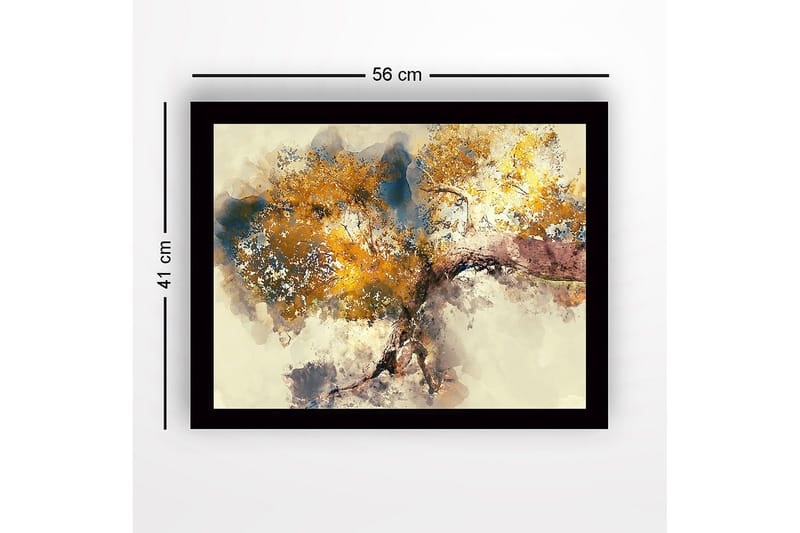 Inramad Canvastavla i trä - 41x56 cm - Stort träd med gyllene lövverk - Guld / Blå / Brun - Inredning - Tavlor & konst