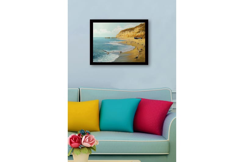 Inramad Canvastavla i trä - 41x56 cm - Strandlandskap med måsar och en båt vid kusten - Blå / Beige / Grön - Inredning - Tavlor & konst