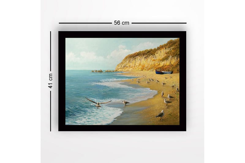 Inramad Canvastavla i trä - 41x56 cm - Strandlandskap med måsar och en båt vid kusten - Blå / Beige / Grön - Inredning - Tavlor & konst