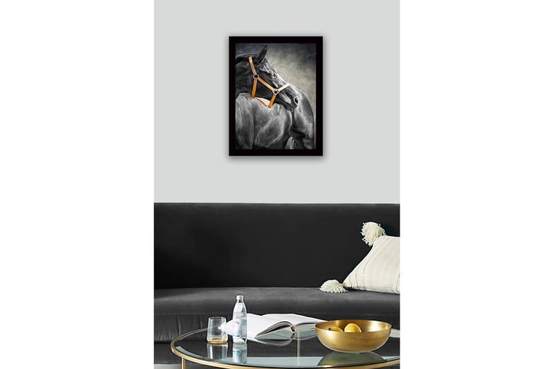 Inramad Canvastavla i trä - 41x56 cm - Svart häst med en orange grimma i profil - Svart / Orange / Grå - Inredning - Tavlor & konst