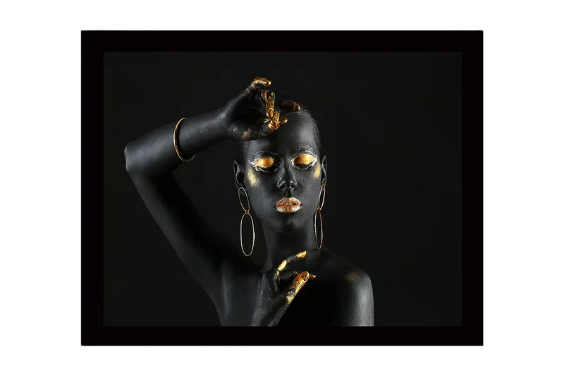Inramad Canvastavla i trä - 41x56 cm - Svart och guld dekorerad kropp med elegant pose, Svart / Guld