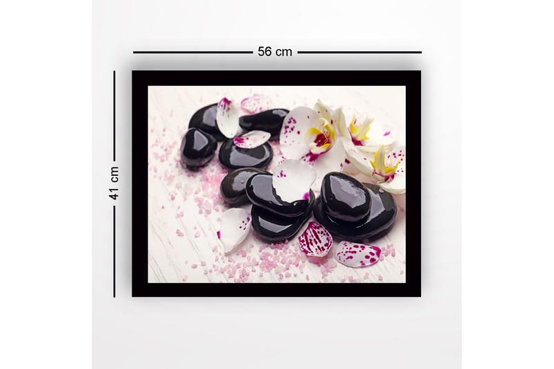 Inramad Canvastavla i trä - 41x56 cm - Svart stenar omgivna av vita och lila orkidéblad - Svart / Vit / Lila - Inredning - Tavlor & konst