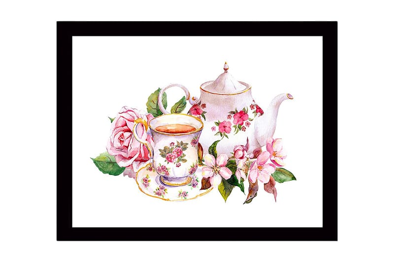 Inramad Canvastavla i trä - 41x56 cm - Teapot och kopp med blommor i romantisk stil - Rosa / Grön / Vit - Inredning - Tavlor & konst