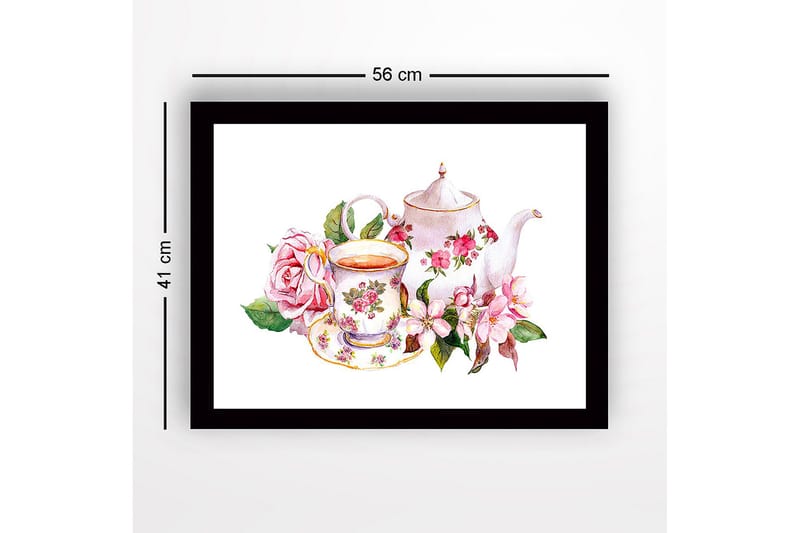 Inramad Canvastavla i trä - 41x56 cm - Teapot och kopp med blommor i romantisk stil - Rosa / Grön / Vit - Inredning - Tavlor & konst