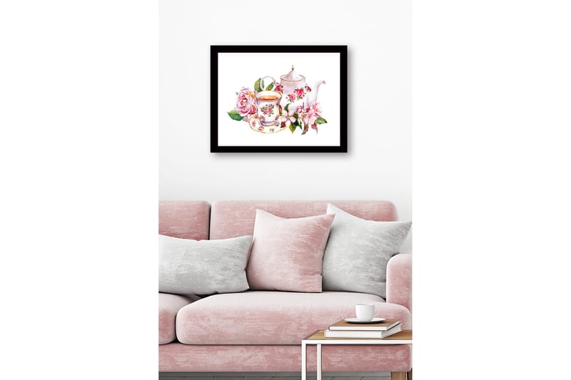 Inramad Canvastavla i trä - 41x56 cm - Teapot och kopp med blommor i romantisk stil - Rosa / Grön / Vit - Inredning - Tavlor & konst