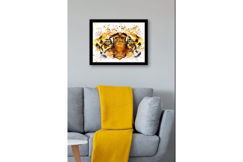 Inramad Canvastavla i trä - 41x56 cm - Tigeransikte med intensiva ögon - Orange / Brun / Grön - Inredning - Tavlor & konst
