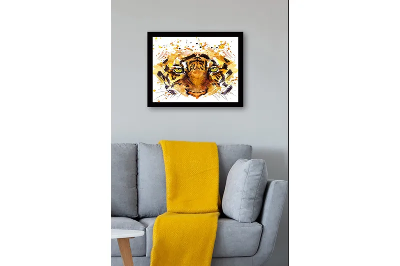 Inramad Canvastavla i trä - 41x56 cm - Tigeransikte med intensiva ögon - Orange / Brun / Grön - Inredning - Tavlor & konst