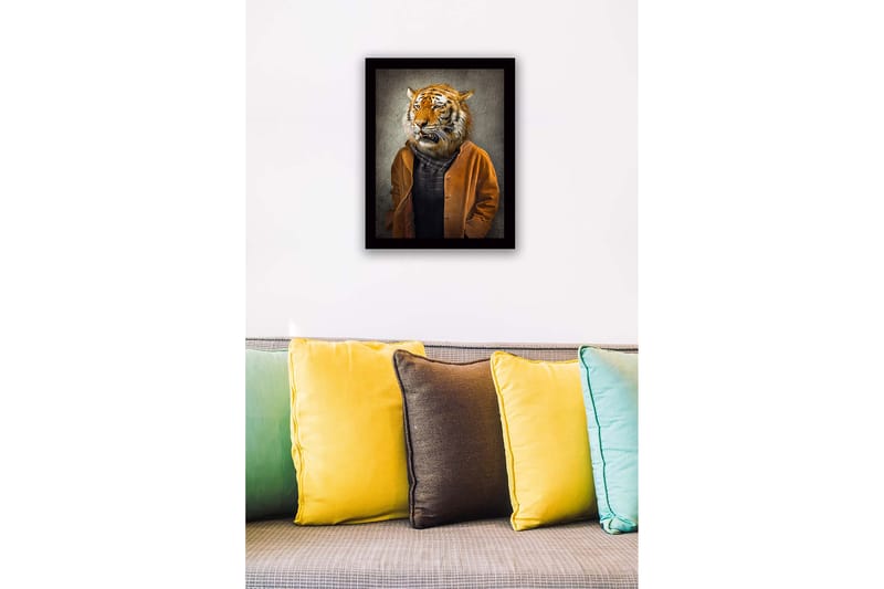 Inramad Canvastavla i trä - 41x56 cm - Tigerhuvud på en mänsklig kropp klädd i en brun jacka - Orange / Brun / Svart - Inredning - Tavlor & konst