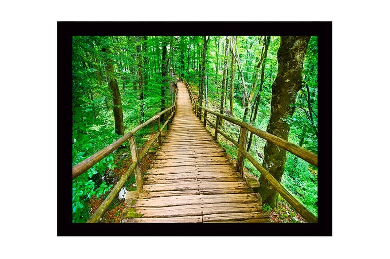 Inramad Canvastavla i trä - 41x56 cm - Träbro som slingrar sig genom en grönskande skog - Grön / Brun - Inredning - Tavlor & konst