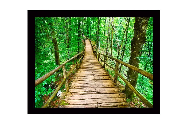Inramad Canvastavla i trä - 41x56 cm - Träbro som slingrar sig genom en grönskande skog - Grön / Brun - Inredning - Tavlor & konst