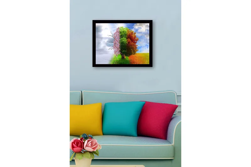 Inramad Canvastavla i trä - 41x56 cm - Träd som representerar de fyra årstiderna i en harmonisk komposition - Rosa / Grön / Orange - Inredning - Tavlor & konst