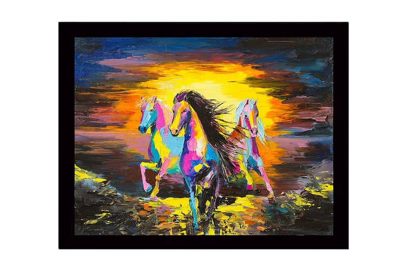Inramad Canvastavla i trä - 41x56 cm - Tre färgglada hästar som galopperar mot en solnedgång - Gul / Blå / Rosa - Inredning - Tavlor & konst