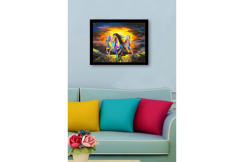 Inramad Canvastavla i trä - 41x56 cm - Tre färgglada hästar som galopperar mot en solnedgång - Gul / Blå / Rosa - Inredning - Tavlor & konst