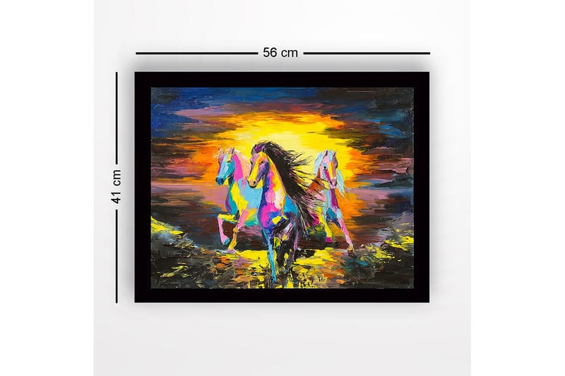 Inramad Canvastavla i trä - 41x56 cm - Tre färgglada hästar som galopperar mot en solnedgång - Gul / Blå / Rosa - Inredning - Tavlor & konst