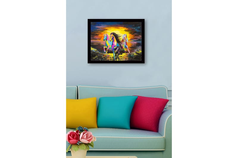 Inramad Canvastavla i trä - 41x56 cm - Tre färgglada hästar som galopperar mot en solnedgång - Gul / Blå / Rosa - Inredning - Tavlor & konst