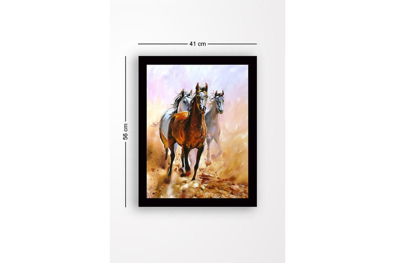 Inramad Canvastavla i trä - 41x56 cm - Tre hästar i rörelse genom en dammig landskap - Brun / Vit / Beige - Inredning - Tavlor & konst